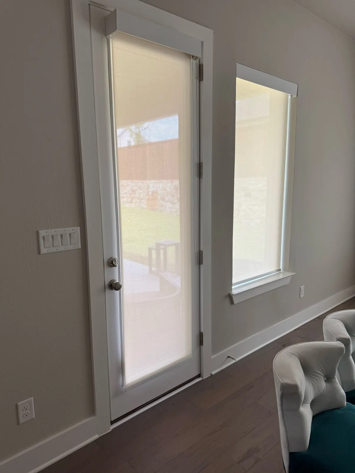 Roller shades on a patio door and side window, McKinney, TX